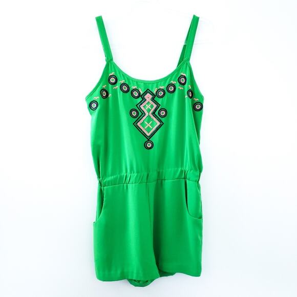 C. Luce Green Romper Beading & Embroidery Small Jumper Sleeveless, Pockets - Picture 1 of 8
